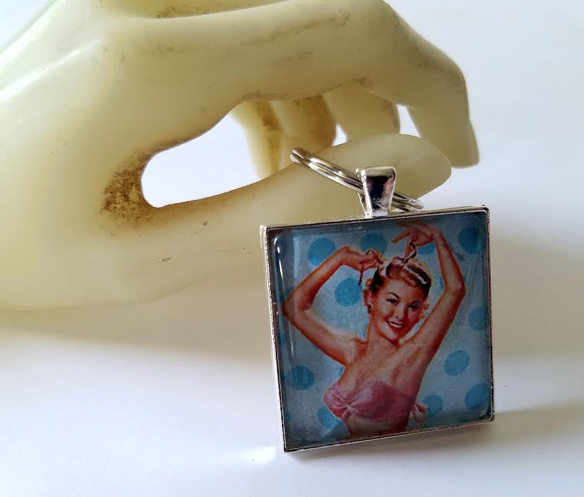 Blue Pinup Girl Cabochon Key Chain