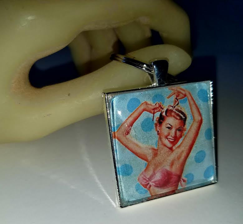 Blue Pinup Girl Cabochon Key Chain